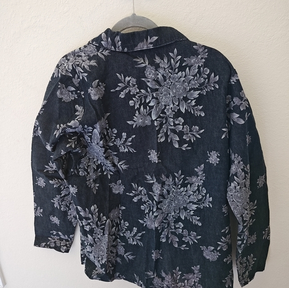 Denim & Co. Sz L Dark Black Cotton Twill Long Blazer Jacket Floral - Picture 4 of 4